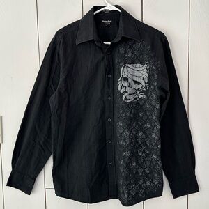 VTG Y2K Eighty Eight Platinum Skull Print Button-Up Shirt Sz Small Black